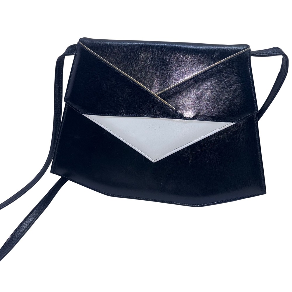 Vintage Crossbody Bag Womens Medium Black White Geometric Leather Limoges Italy